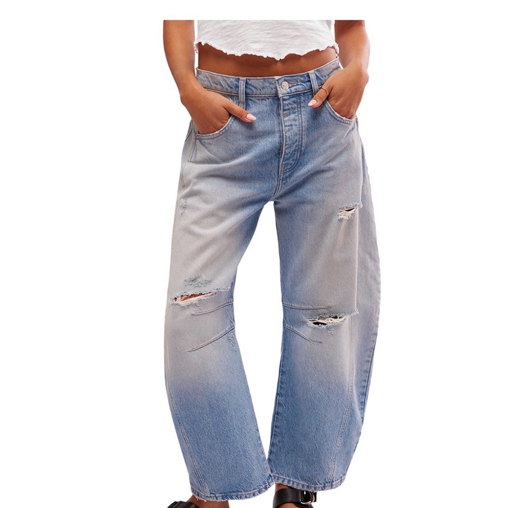 Good Luck High Rise Cropped Wide Leg Barrel Jeans in Barnyard Blue, Size 30